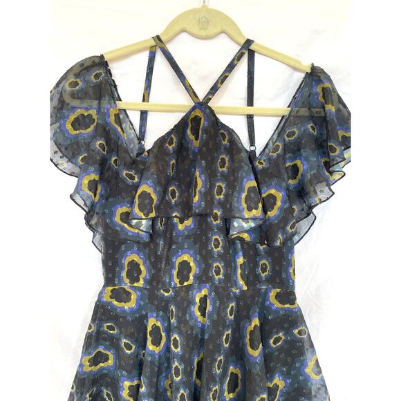 Cynthia Rowley Romantic Tiered Ruffle Maxi Dress, Black Blue Mod Floral Size 4 - Picture 4 of 8